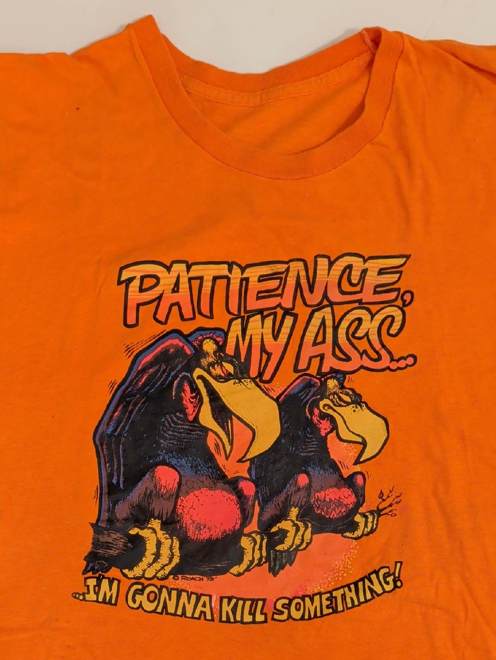 1973 Roach Graphic Tee Neon Bright Vulture Buzzard Patience Humor T Shirt Psyche